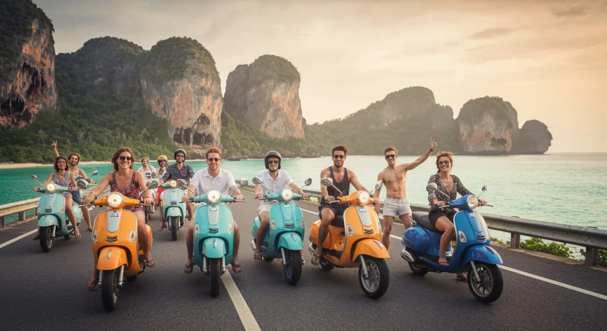 Tourists exploring Phuket on scooters